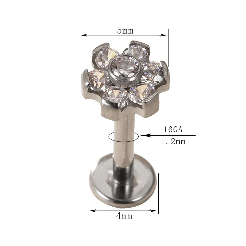 

Petal Shape Titanium Labret Lip Stud with CZ Stone - ASTM F136 Body Piercing Jewelry for Lip Ear Cartilage Tragus Helix