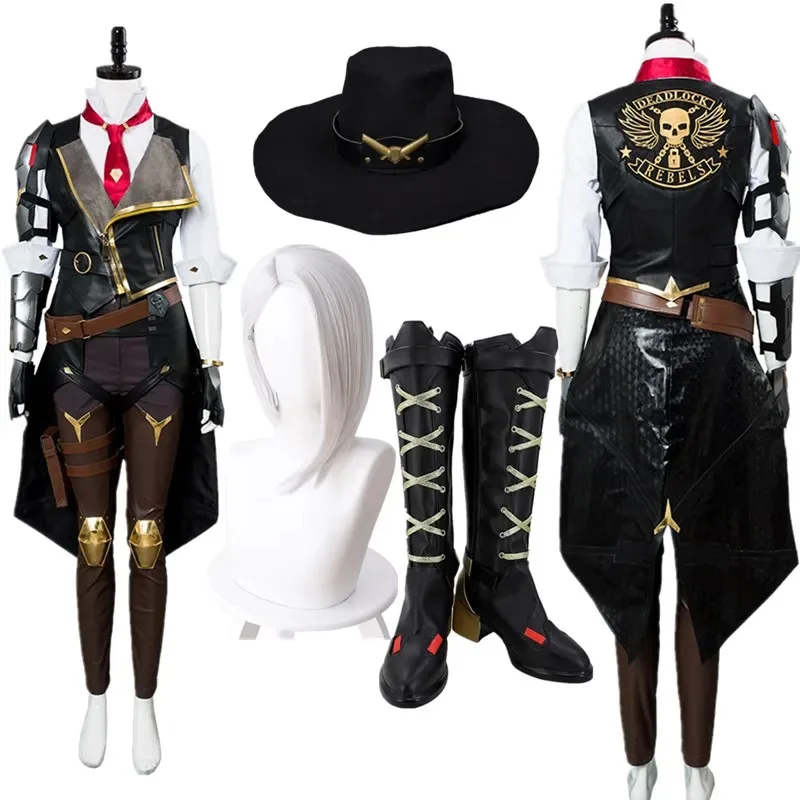 어시 OW 판타지 의상 성인 여성용 유니폼 바지 모자 가발 신발 부츠 의상 할로윈 카니발 파티 의상