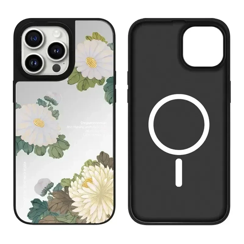 

Korean Museum Flower iPhone 11 12 13 14 15 Pro Max Mirror Surface MagSafe Case Cover Shell