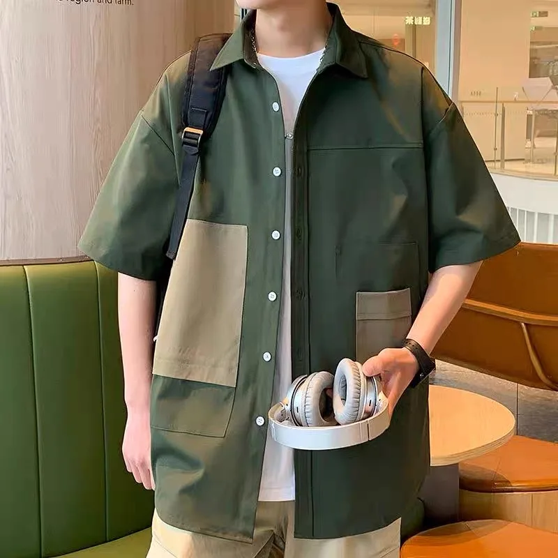 

Casual Short Sleeve Patchwork Shirt Men's Summer Five-Quarter Youth Black Versatile Hong Kong Style Breathable Loose Fit Shirt