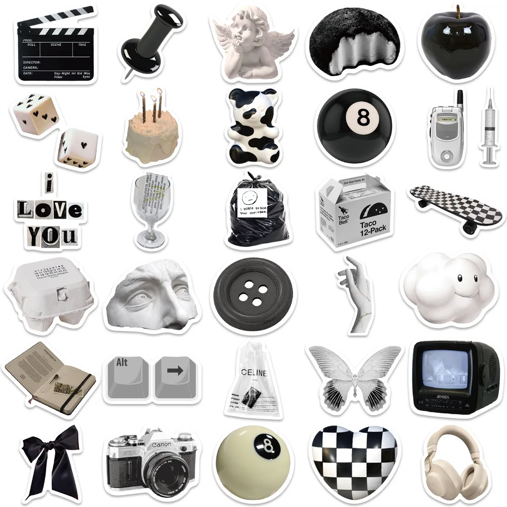 10/50PCS Ins Style Black White Stickers Cute Aesthetic Sticker Simple Decals Suitcase Notebook Phone Laptop Fridge Luggage Decal