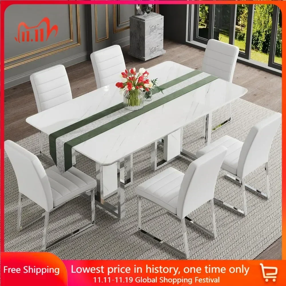 

Deluxe Kitchen Dining Table Set, Equipped with A 1.8-inch Thick Imitation Marble Tabletop and 6 PU Leather Cushioned Chairs