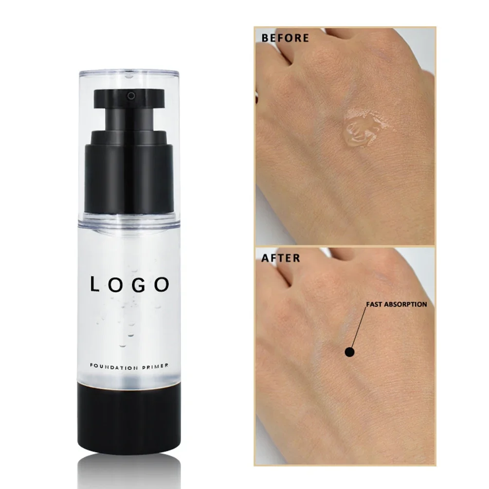 Primer facial de marca própria logotipo personalizado de longa duração à prova d'água controle de óleo umidade garrafa transparente maquiagem atacado