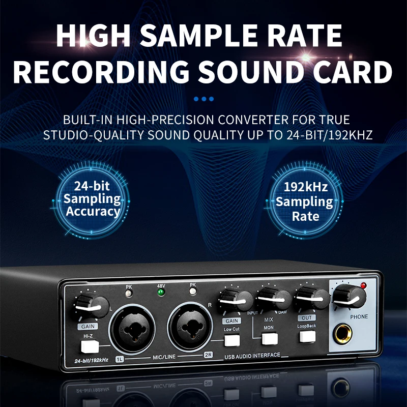 Professional Audio Interface Sound Card Equipment for Electric Guitar Monitor Loopback USB External Studio Live Recording