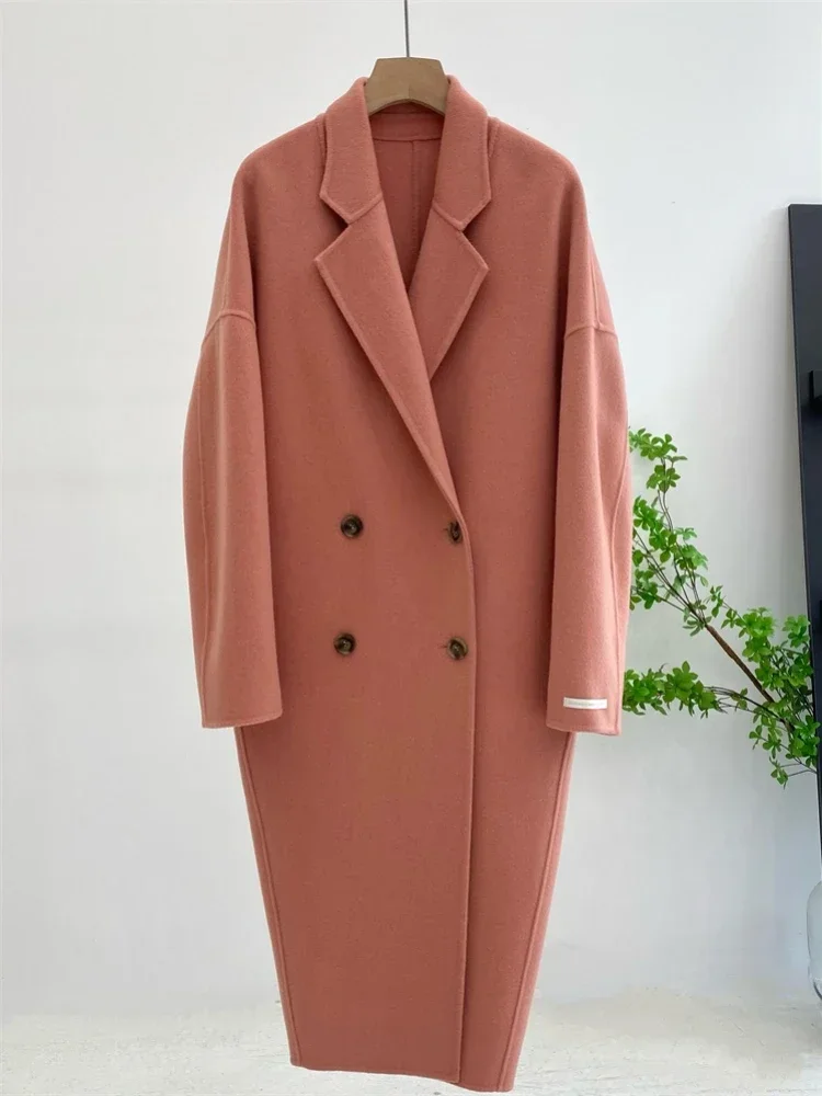 

Vintage Women Double-sided Cashmere Wool Coat Mid-length New Double Breasted Long Sleeve Woolen Coats Fashion Fit Autumn Winter