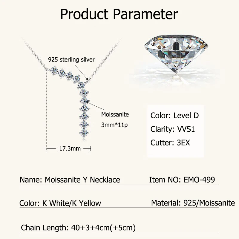 3mm Round D Color Full Moissanite Diamond Y Shape Necklace for Women Charm Silver 925 Jewelry Engagement Unique Gifts