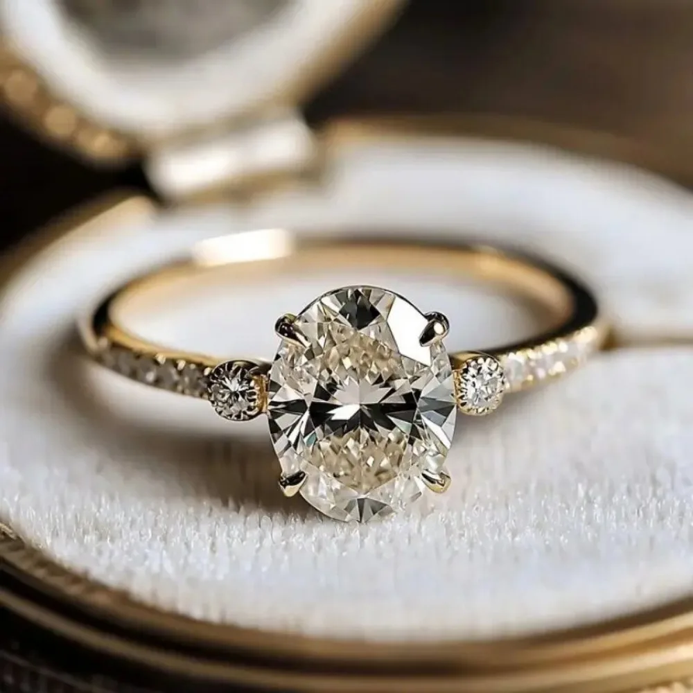 Luxury Simple Gold Color Oval 5A Zircon Stainless Steel Finger Rings for Women Fashion Bride Wedding Engagement Jewelry Gifts