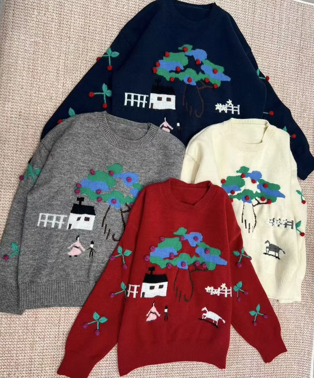 New autumn and winter Korean style cherry tree jacquard children's fun sweater Korean