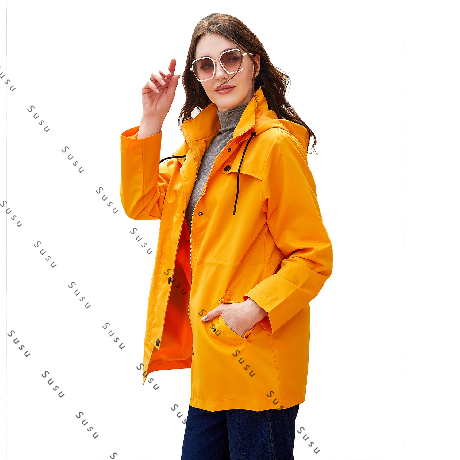

2025 new trench coat women's European size women's medium and long cardigan hooded jacket outdoor raincoat