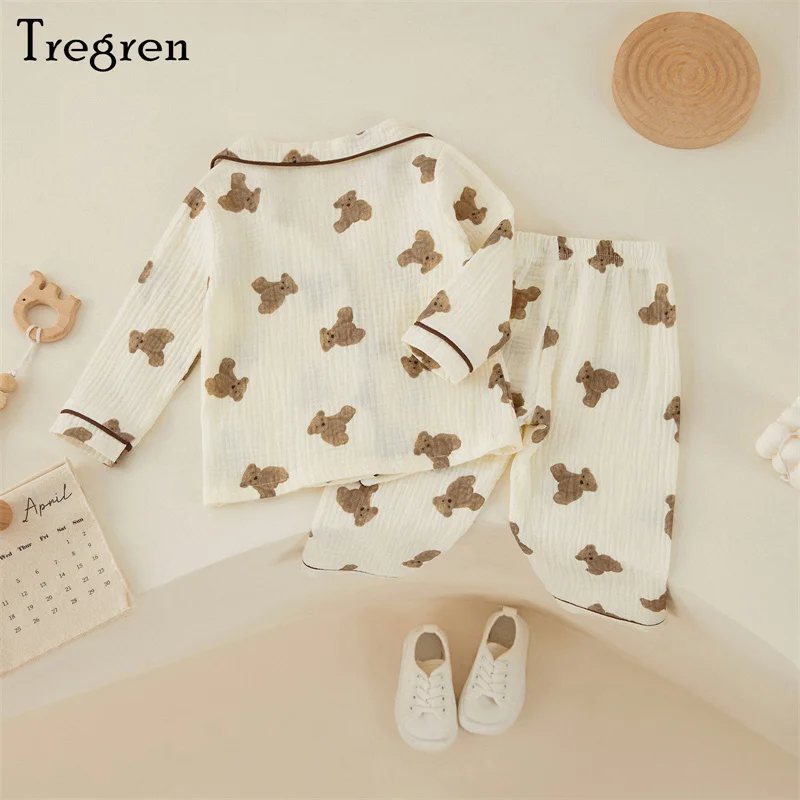 Tregren Kids Girls Casual Pajama Sets Cartoon Bear Printed Long Sleeve Front Pocket Lapel Tops+Printed Long Pants Homewear 1-6Y