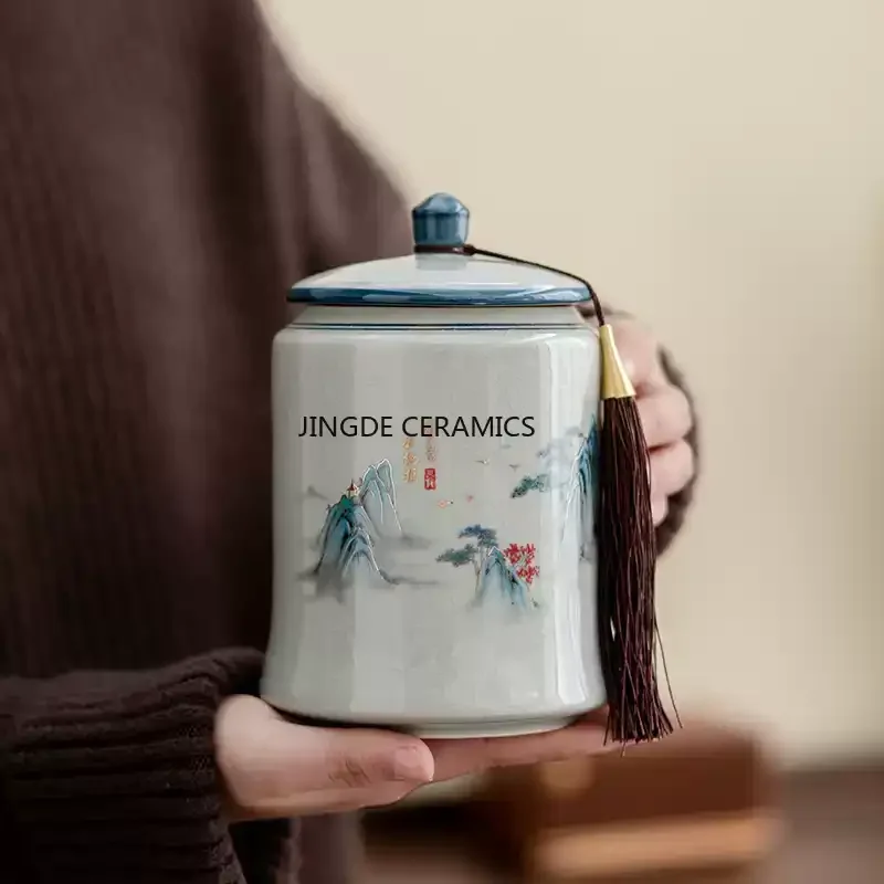 Chinese Style Ceramic Tea Jar Household Moisture-proof Tea Can Glazed Color Powder Jar Facial Mask Powder Can Home Storage Jar
