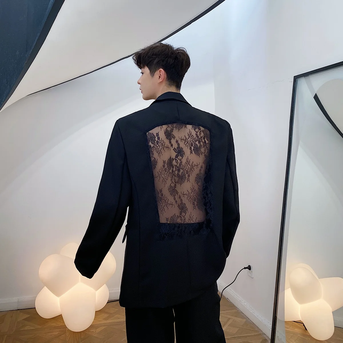 Men Hollow Lace Splice Loose Casual Vintage Suit Jacket Blazers Stage Fashion Show Male Women Streetwear Blazer Coat Outerwear