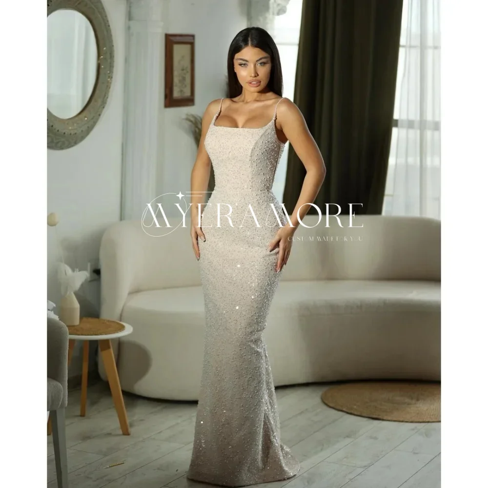 

Customized Spaghetti Straps Saudi Arabic Prom Dresses 2025 Square Collar Mermaid Robes de soiré Beaded Corset Formal Party Gown