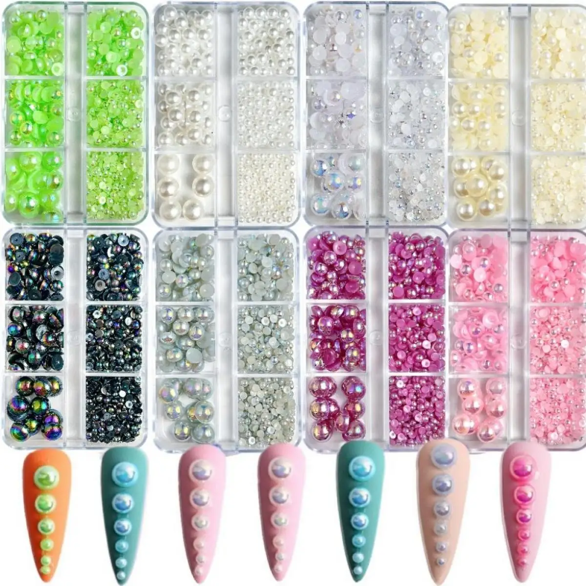 

1Box Multiple Sized Artificial Pearl Resin Nail Art Decorations Simulated Semi-circular Colored Pearl Nail Charms for DIY Nails