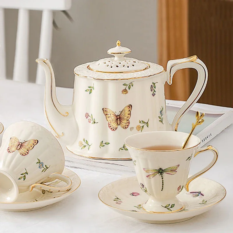 European Insect  Fruit Pattern Ceramic Coffee Cup and Saucer Set Household Drinking Utensils Vintage High Foot Cup Saucer Teapot