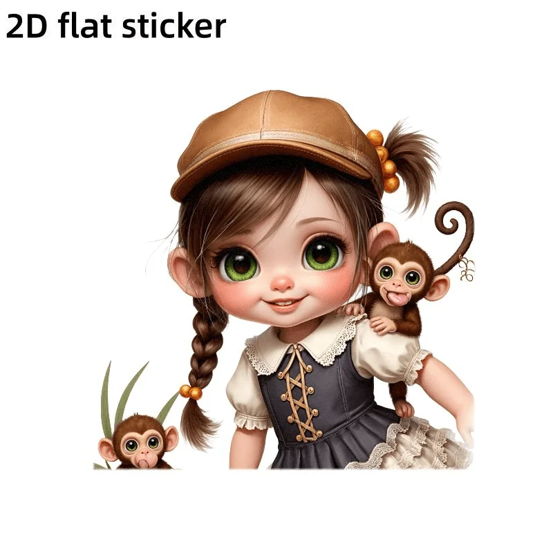 1Pc 2D Flat Cartoon Girl With Monkeys Vinyl Sticker, Waterproof Decal for Car Window Bumper Smooth Surface, Holiday Gift