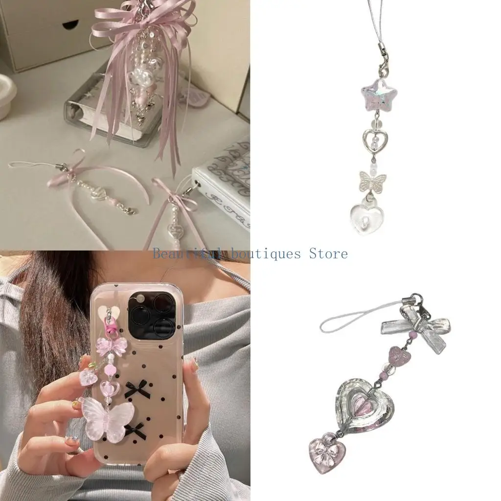 U4LF Dainty Beaded Keychain Acrylic Alloy Phone Pendant Colorful Bead Keyring Fashionable and Unique Gift for Women Girls