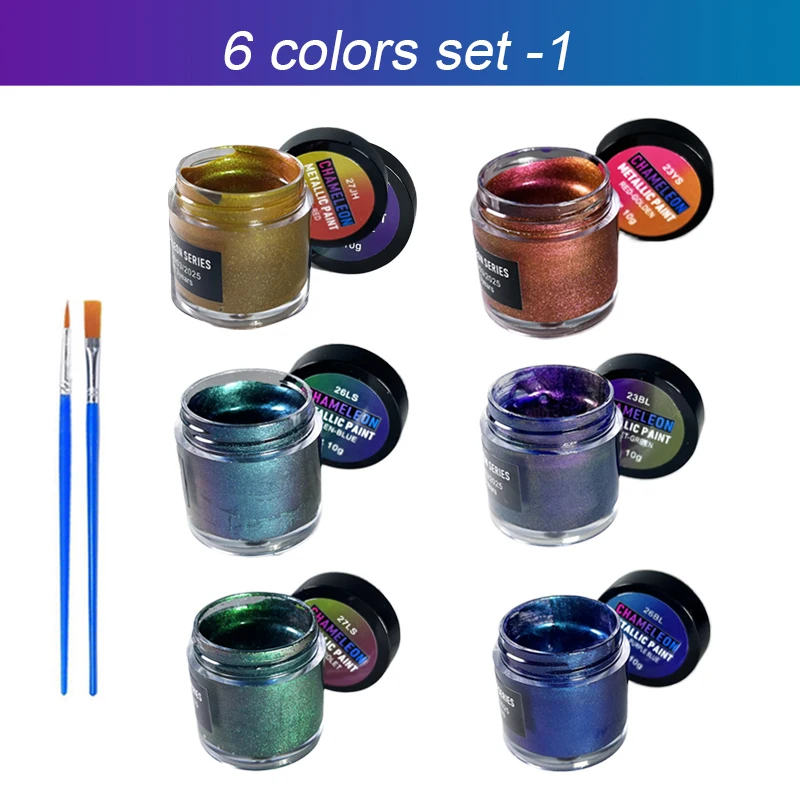 6 Colors Chameleon Metallic Acrylic Paint Set Color Shift Changing Pigment With 2 Brushes DIY Resin Craft Canvas Wood Painting A