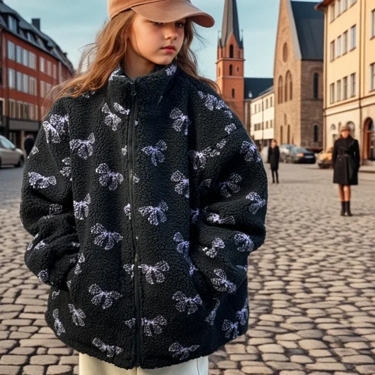 Girls Fur Coat Winter Teenage School Children Jacket Loose Bow Printed Padded Thick Warm Black Coats for Kids Tops 10 12 Years