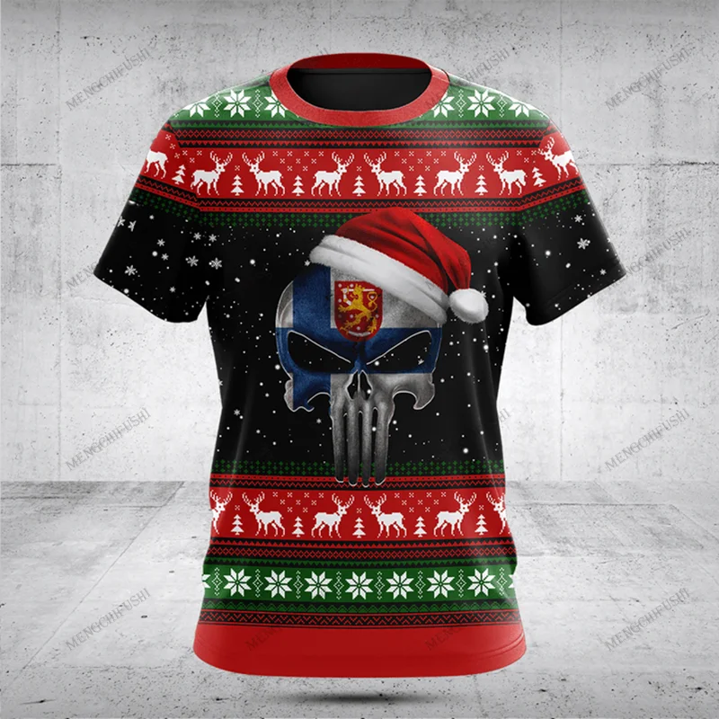 

Finland Emblem Custom Name Skull Pattern Christmas T-shirts Fashion Sportswear Loose Oversize Unisex Short Sleeve Tees
