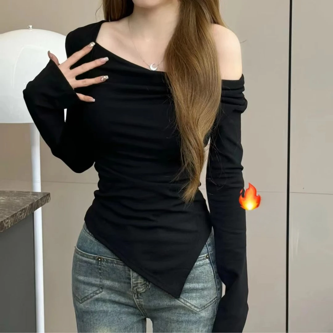 Long Sleeve T-shirts Women Slash Neck Irregular Gentle Ins All-match Basic Tender Breathable Simple Casual Tops Solid Faddish