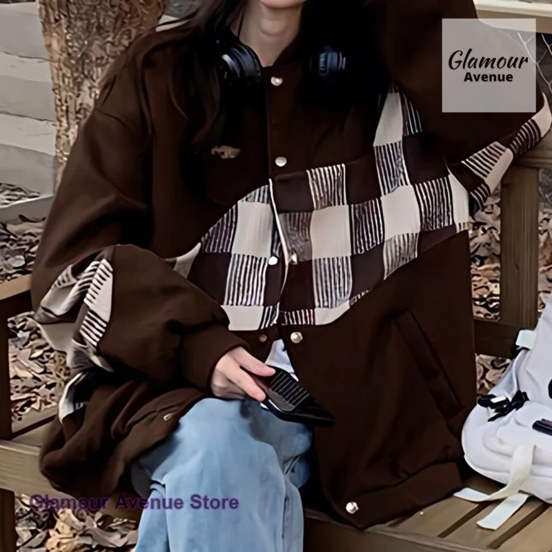 

American retro plaid stitching baseball uniform women's spring and autumn new fashion temperament loose jacket casual Joker coat