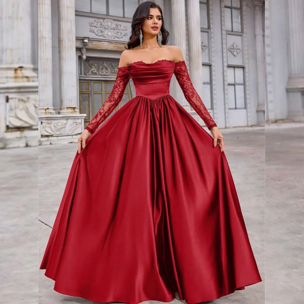 

Customized Sizes Available Charmeuse Pattern Pleat A-line Off-the-shoulder Long Dresses Bespoke Occasion Retro