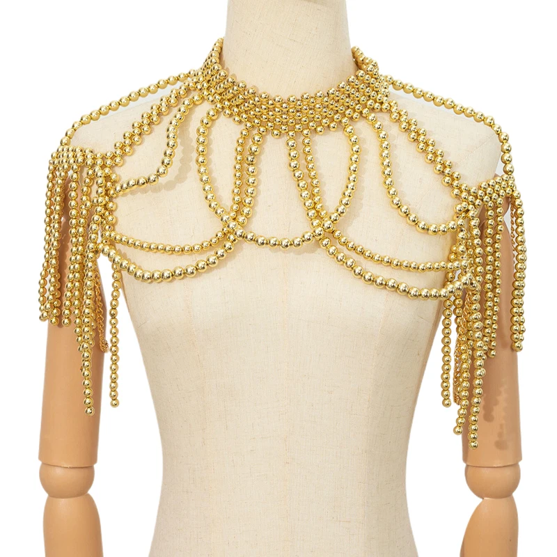 Perlenbesetzte Damen-Halskette, mehrlagige Quasten-Körperkette, Vintage-Exotik-Hochzeitsparty Y2K Crop Top, atmungsaktiv, Oversize – Detail 1