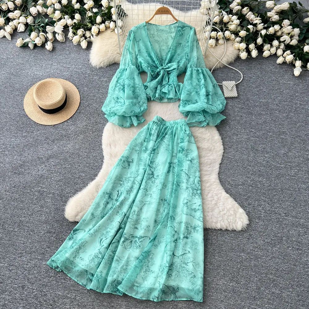 

Women Two Piece Sets Skirt Set V Neck Full Sleeve Print Floral Tops Long Skirts A Line High Waist Y2k Streetwear Elegant Work