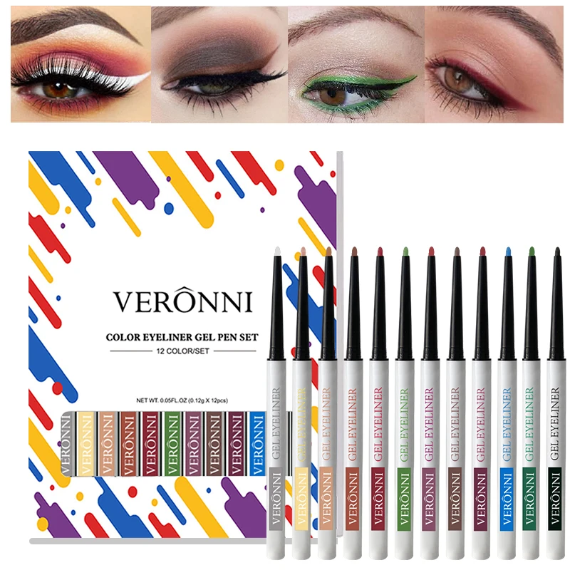 VERONNI Juego de lápices delineadores de ojos en gel de 12 colores – Suaves y resistentes a las manchas, altamente pigmentados, resistentes al agua, para looks creativos de ojos