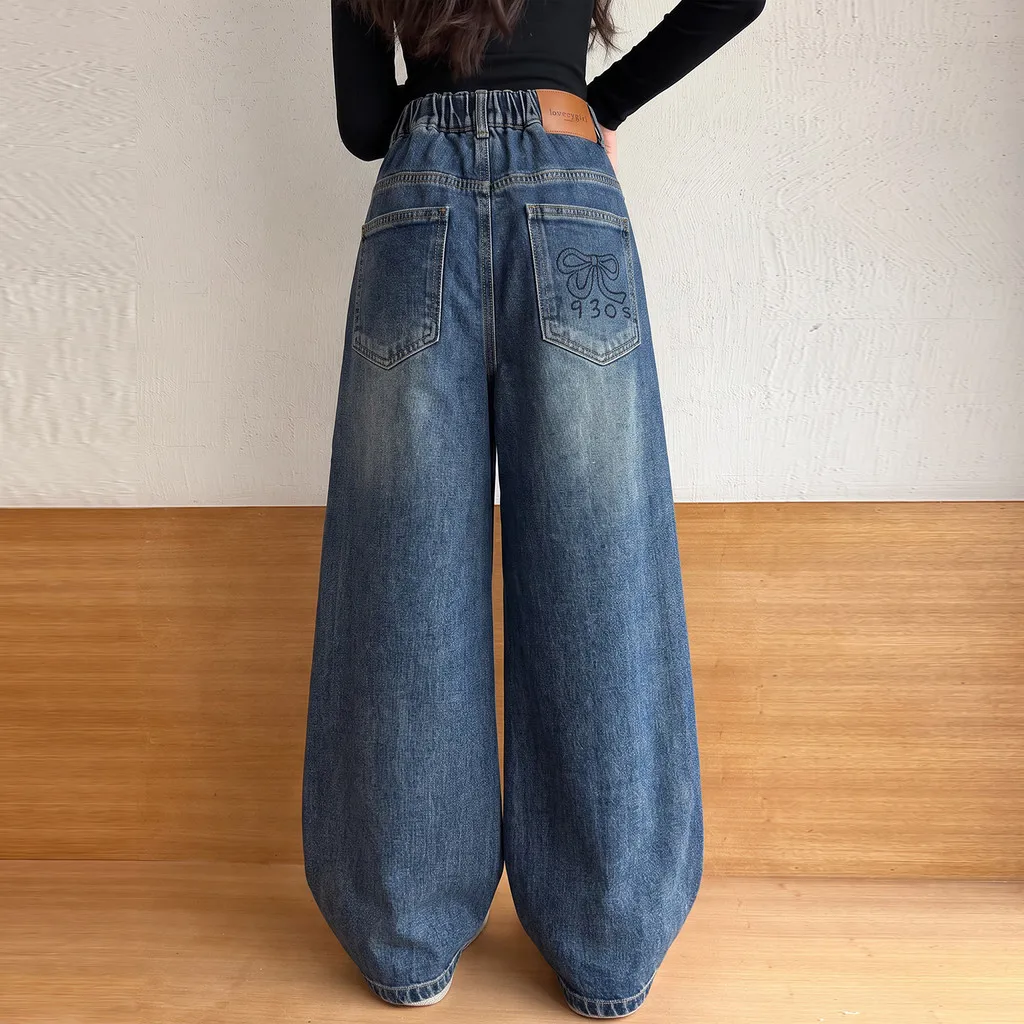 Girls Straight Leg Jeans Autumn Cute Graffiti High Waist Children Pants