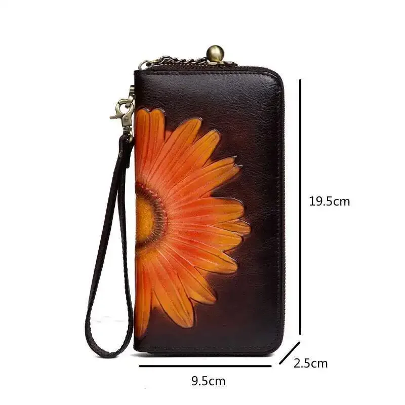 Women's Leather Wallet Handmade Cowhide Clutch Purse Long Zipper Card Holder Retro Painting First Layer Genuine Bag