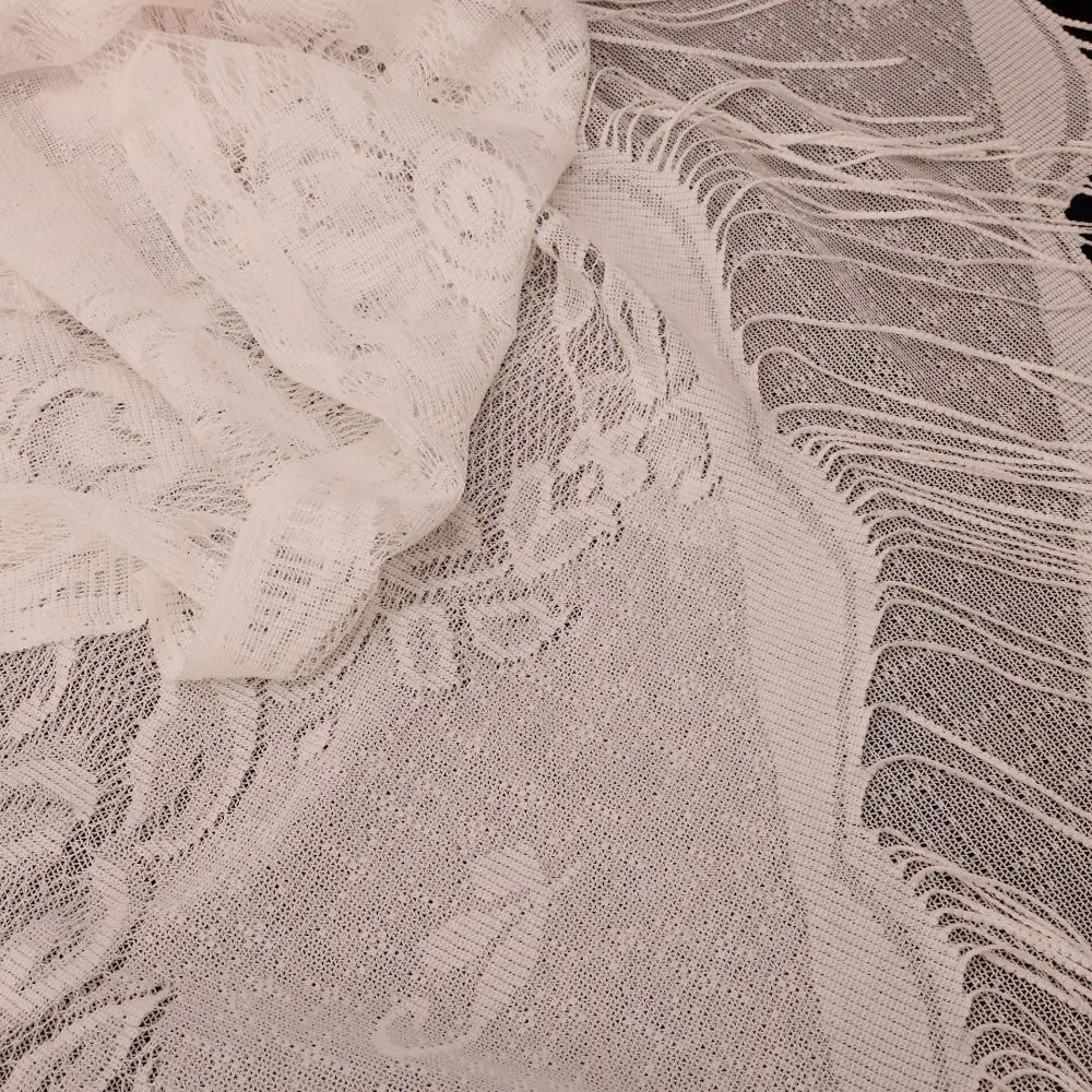 Floral Embroidery Women Lace Scarf Transparent Mesh With Tassels Evening Prom Cape Lightweight Tulle Hollow Mesh Scarf Party Use