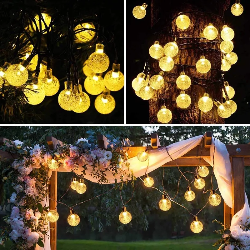 Outdoor Solar LED String Light, Bubble Ball, Fairy Light, Crystal Ball, Decoração Lâmpada, Feriado de Natal