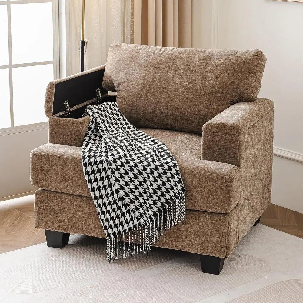 

Большое кресло для чтения из синели с подлокотниками, органайзером и подушкой 7,8 дюйма для гостиной или спальни, коричневое