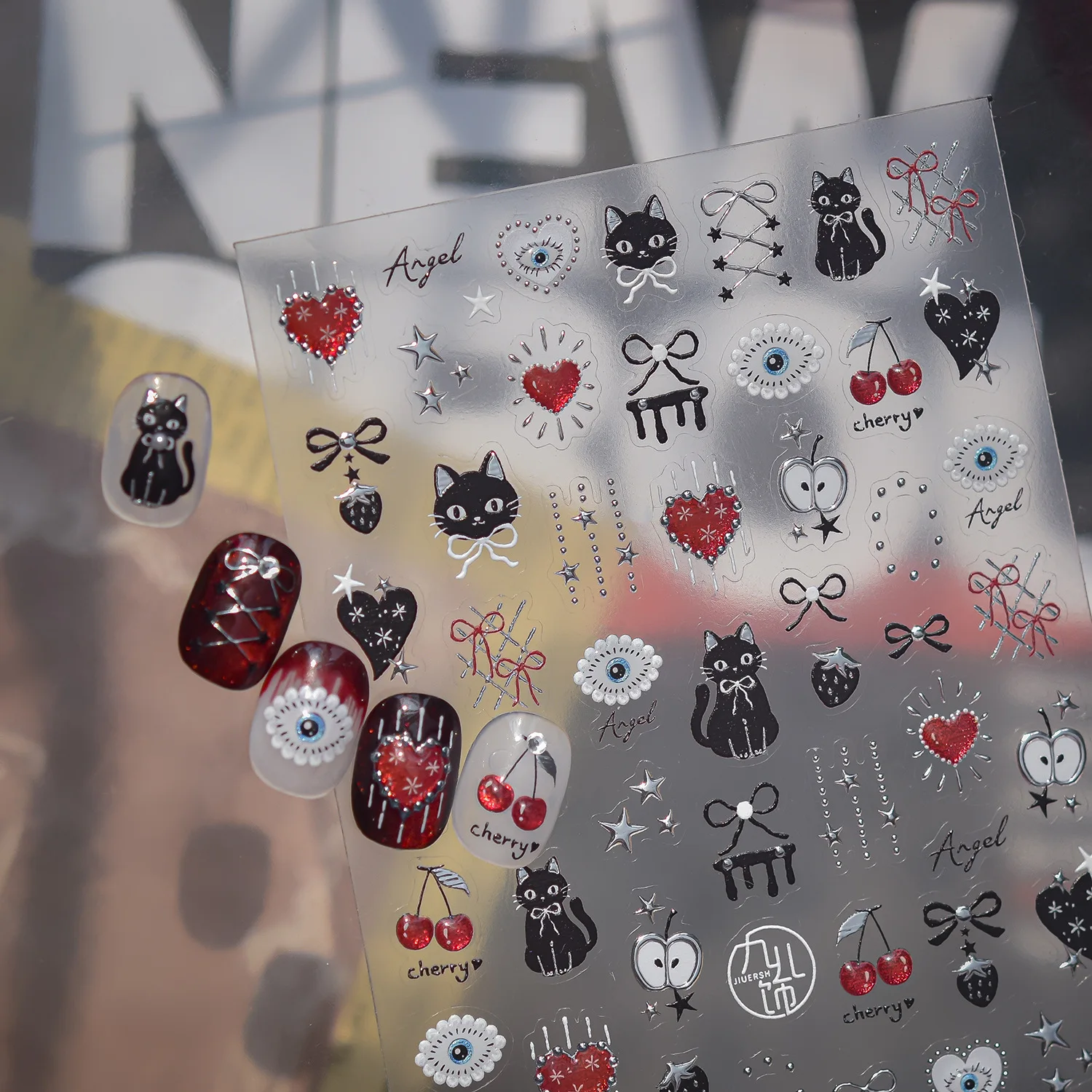 1PC 5D Jelly Nail Sticker Black Cat Red Heart Bow Cherry Evil Eye Star Gothic Style Self-adhesive Nail Art Stickers Decorations