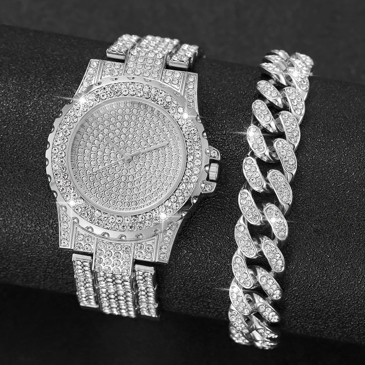 

2pcs Dazzling Rhinestone Quartz Watch Bracelet Set - Stainless Steel, Chic & Timeless Luxury - Full Crystal Encrust