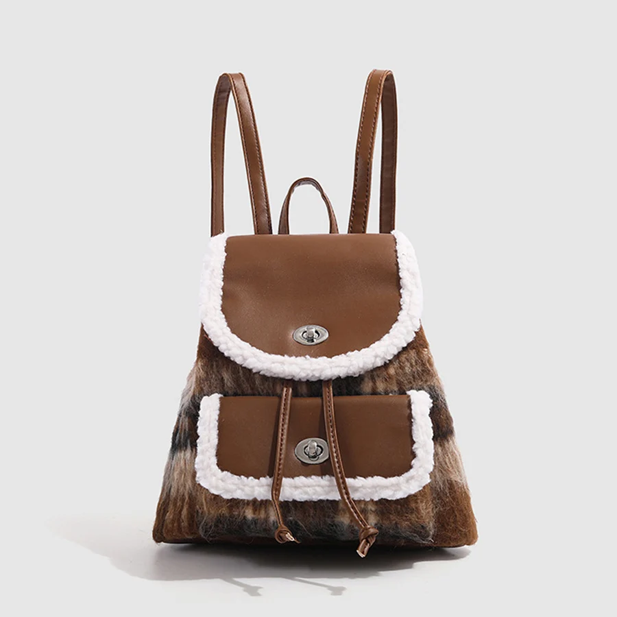 Autumn plush checkered backpack for girls new pink cute bagpack versatile commuting bag for students knapsack shoulder bags sac