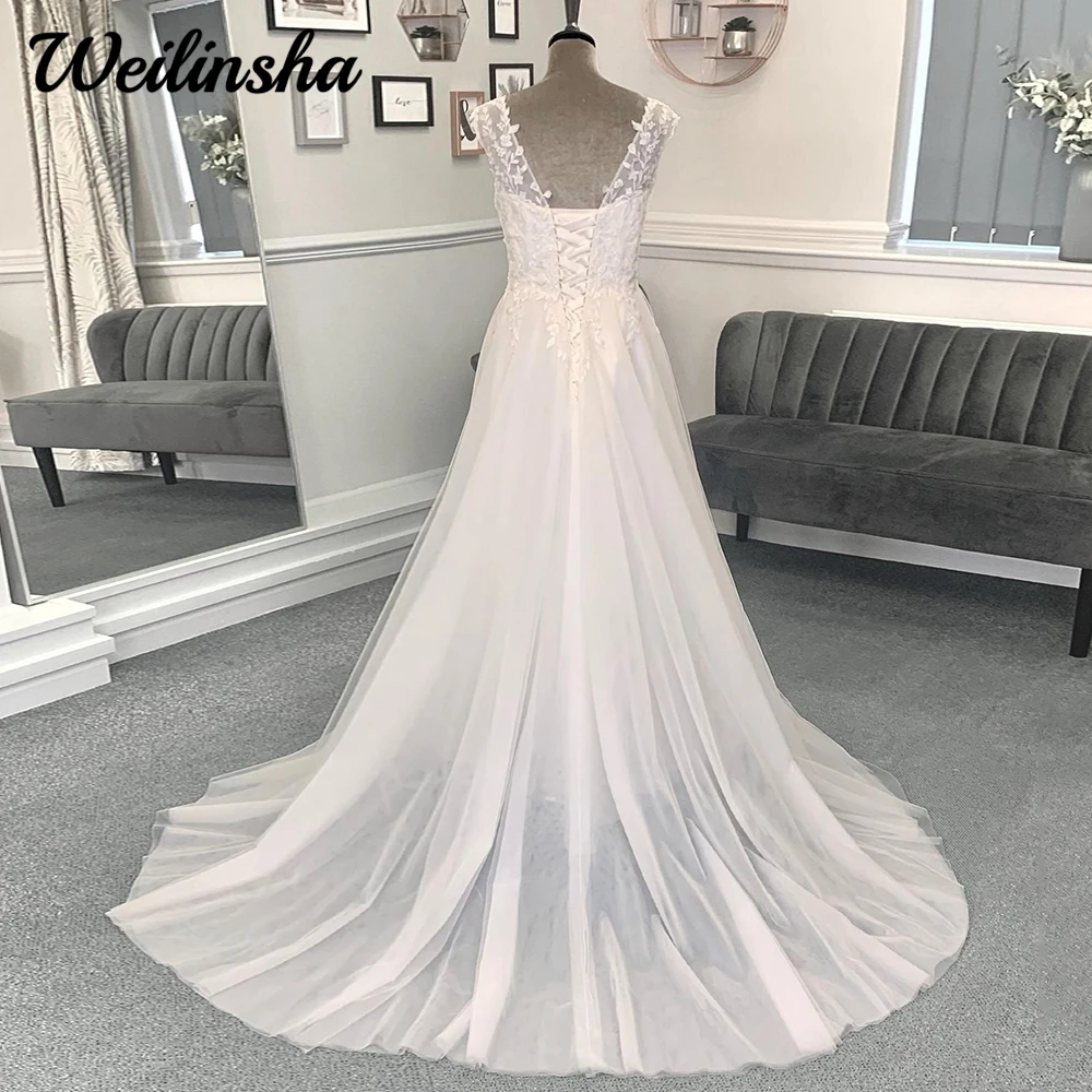 Real Pictures Wedding Dress 2024 A Line Civil Appliques Bridal Gowns Tulle Sleeveless Vestido De Novia Court Train Lace Up Back