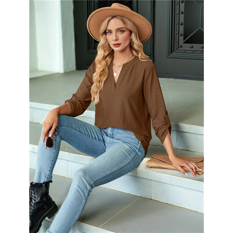 

AOAO-Blouses For Women Dressy Casual 3/4 Length Sleeve Womens Tops V Neck T Shirts With Roll Up Sleeve