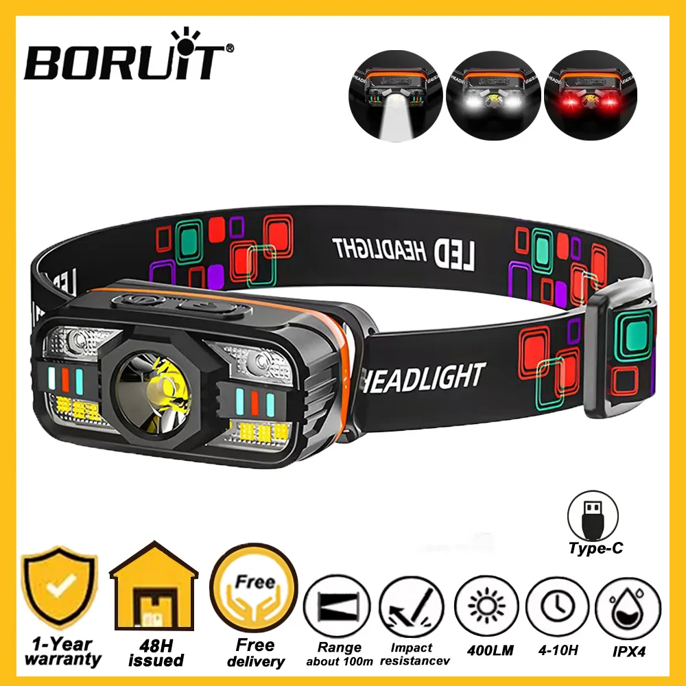 BORUiT Small Motion Sensor LED Headlamp 400LM XPE White Red Light Type-C Rechargeable Headlight for Fishing Camping Emergency