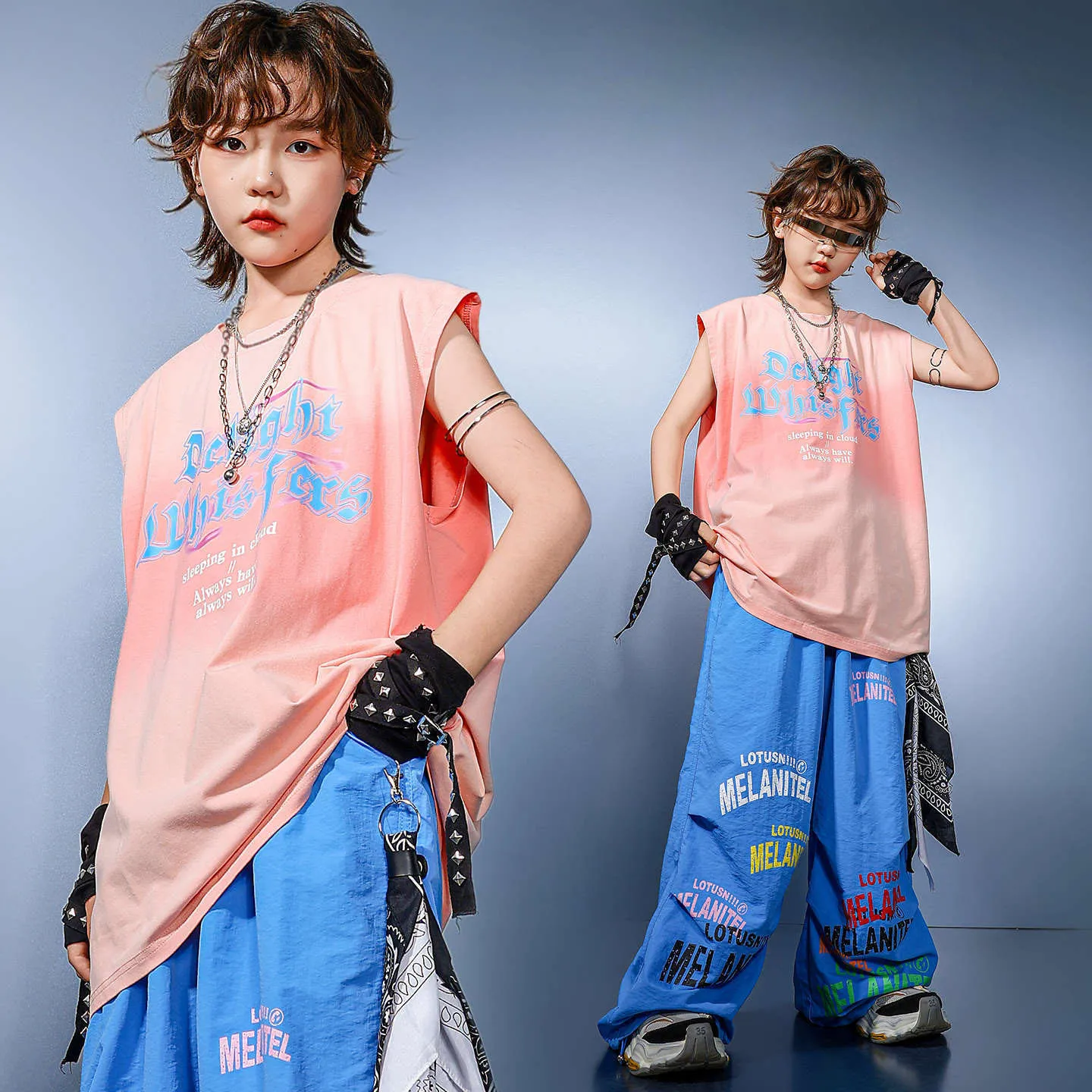 

Kid Kpop Hip Hop Clothing Pink Letters Long Tank Blue Casual Wide Leg Parachute Pants for Girl Jazz Dance Wear Costumes Clothes