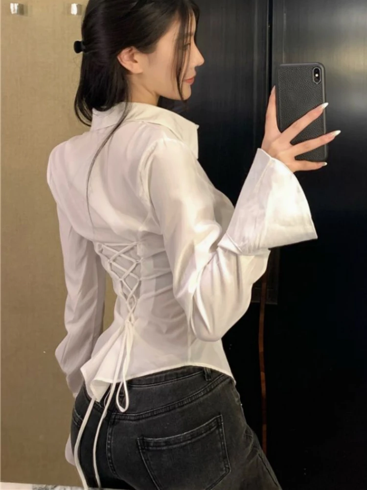 

QWEEK Y2k Coquette Sexy Slim White Bandage Shirt Women Korean Style Kpop Fashion Flare Sleeve Blouse 2024 Spring Streetwear