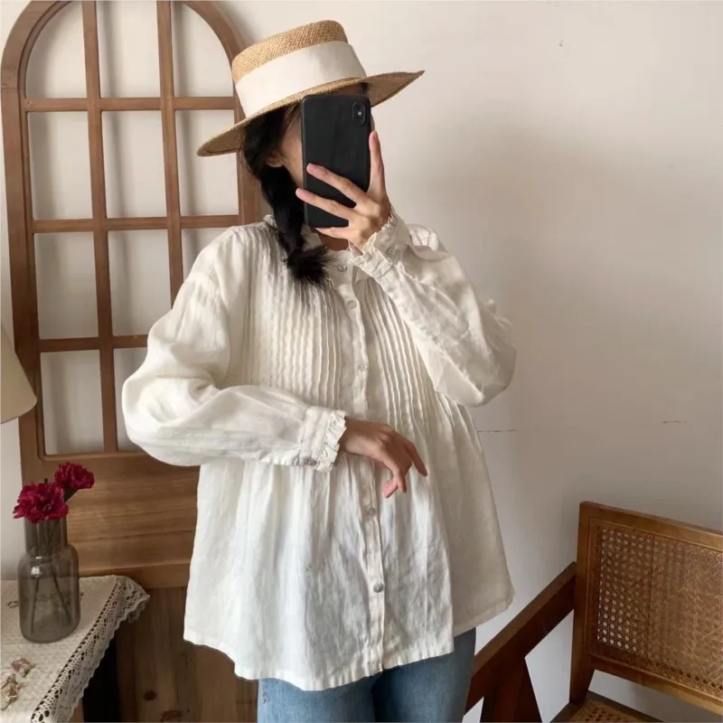 Johnature Summer New Linen Shirts 2024 Ruffles Collar Loose Solid Color Pleated Casual Vintage Loose Women Blouses