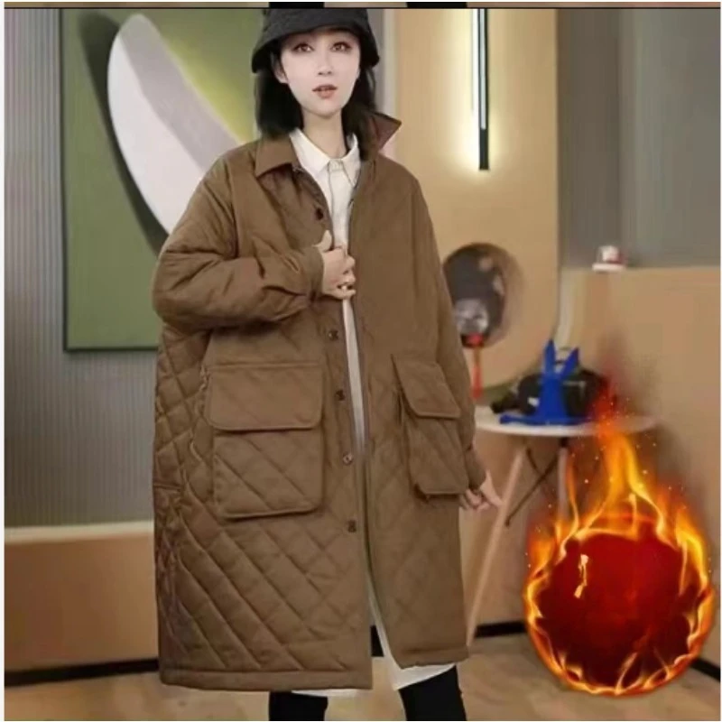 

Новое теплое повседневное зимнее пальто средней длины в китайском стиле, свободный элегантный дизайн длиной до колена из пуха, хлопка, женское большое карманное пальто