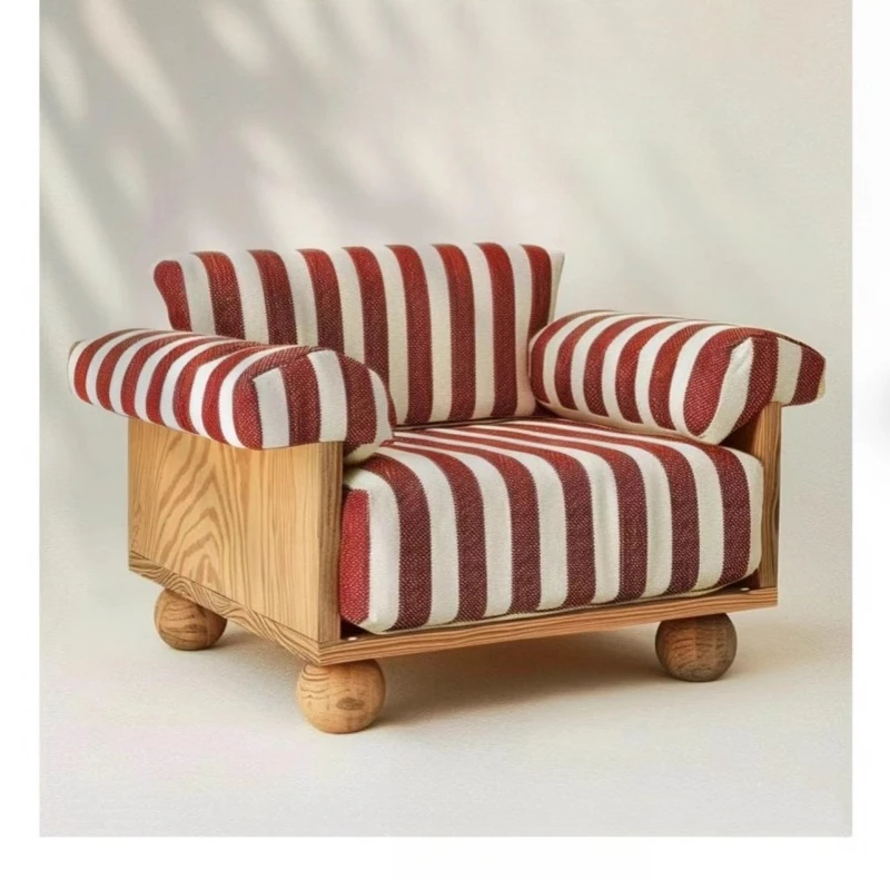 

Medieval Maillard style striped fabric solid wood base single sofa chair retro pastoral leisure sofa