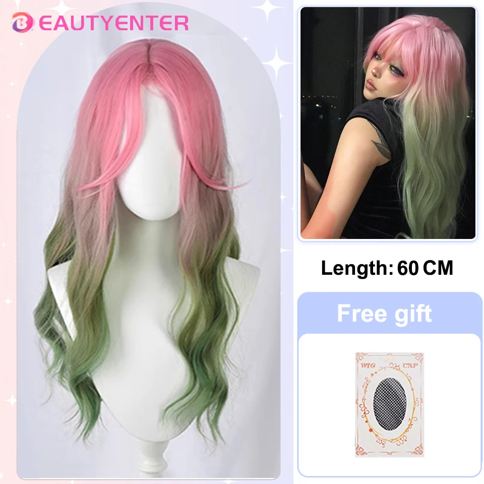 BEAUTYENTER Peruka syntetyczna Szykowne dziewczyny Cosplay Włosy Gradient Szary Różowy Zielony 60cm Długie faliste Lolita Śliczne grzywki Skóra