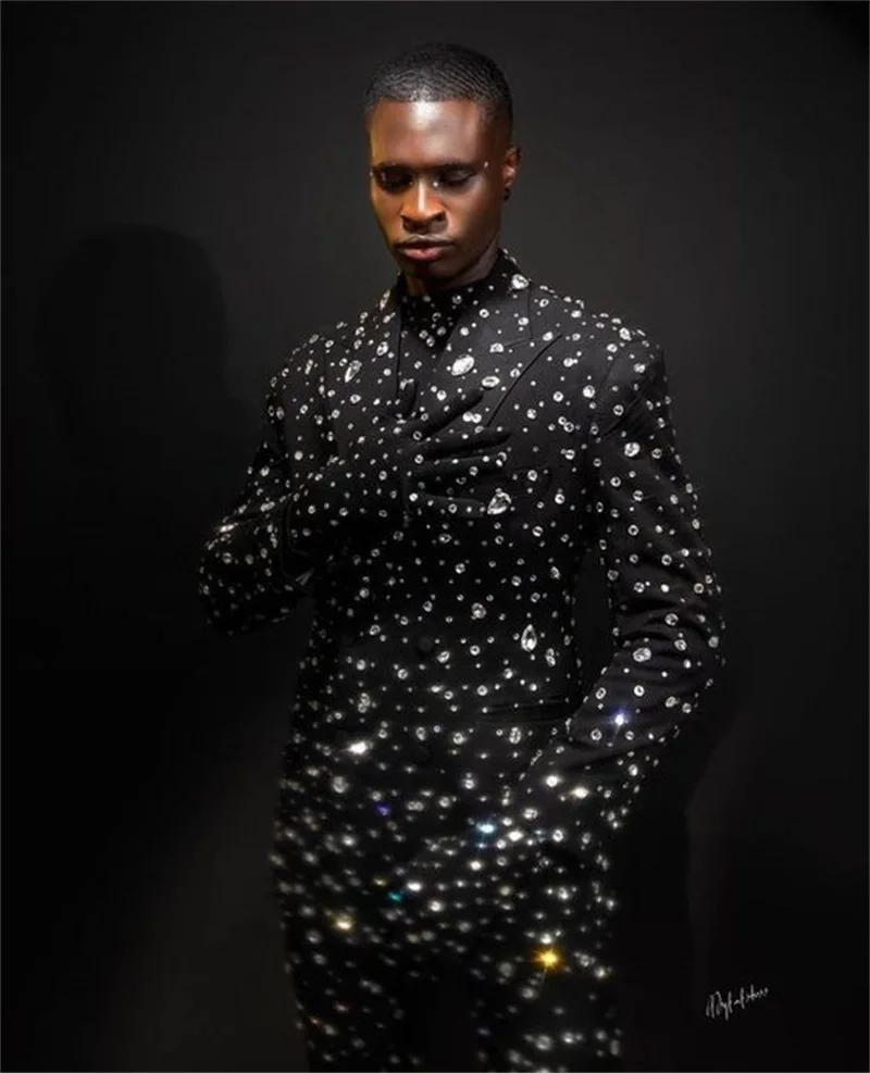 Luxury Crystals Men Suits Set 2 Piece Black Blazer+Pant Business Prom Wedding Tuxedo Customized Formal Office Jacket Trousers