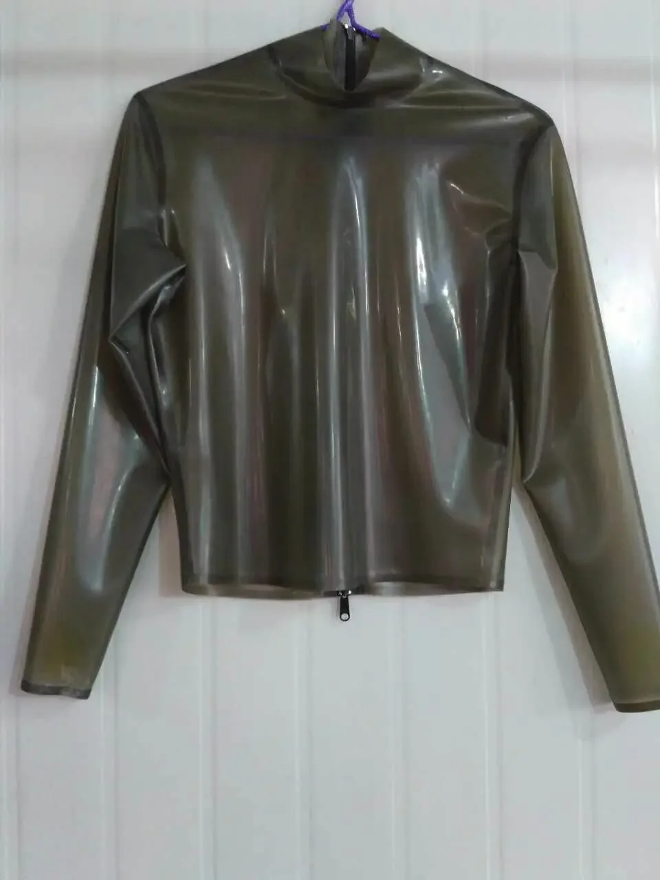 Latex Gummi Schwarz Zipper Tops Mittelkragen Cosplay Kostüm Mantel Halloween Weihnachten