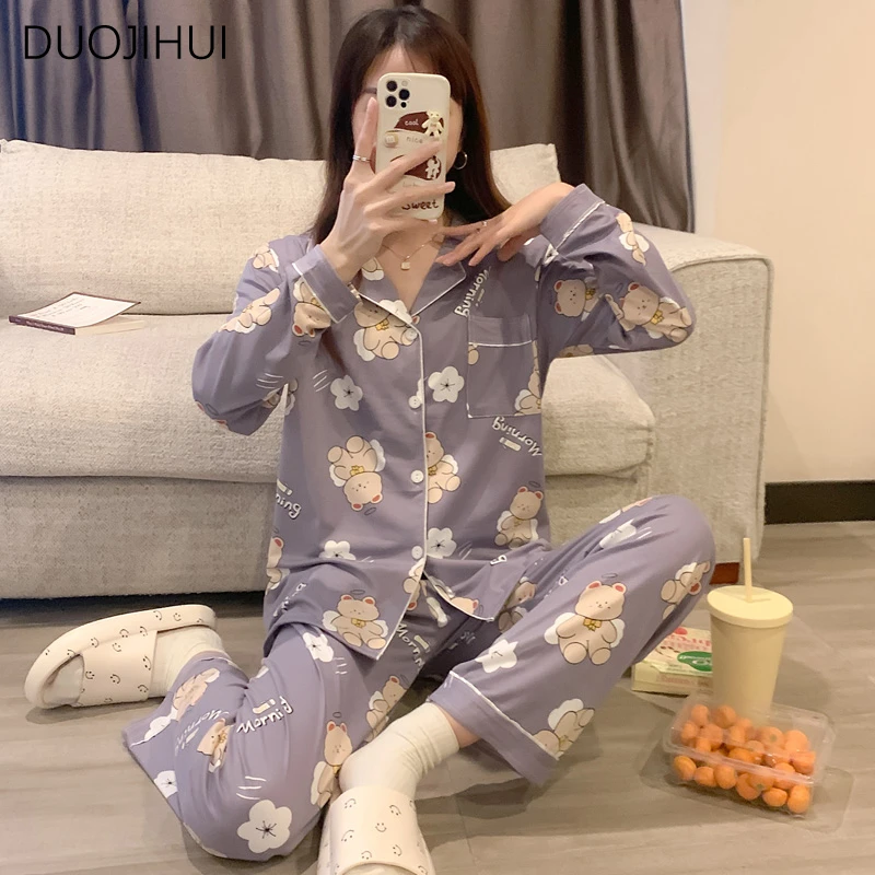 DUOJIHUI Autumn Two Piece Chic Printing Simple Women Pajamas Set New Button Cardigan Basic Fashion Pant Casual Female Sleepwear